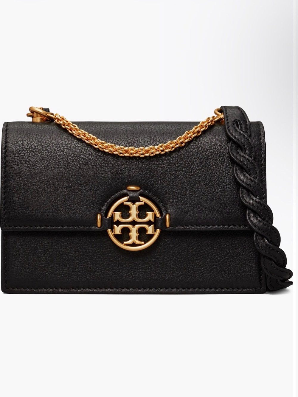 Tory Burch Miller Mini Black Leather Shoulder Bag with Gold Logo Chain